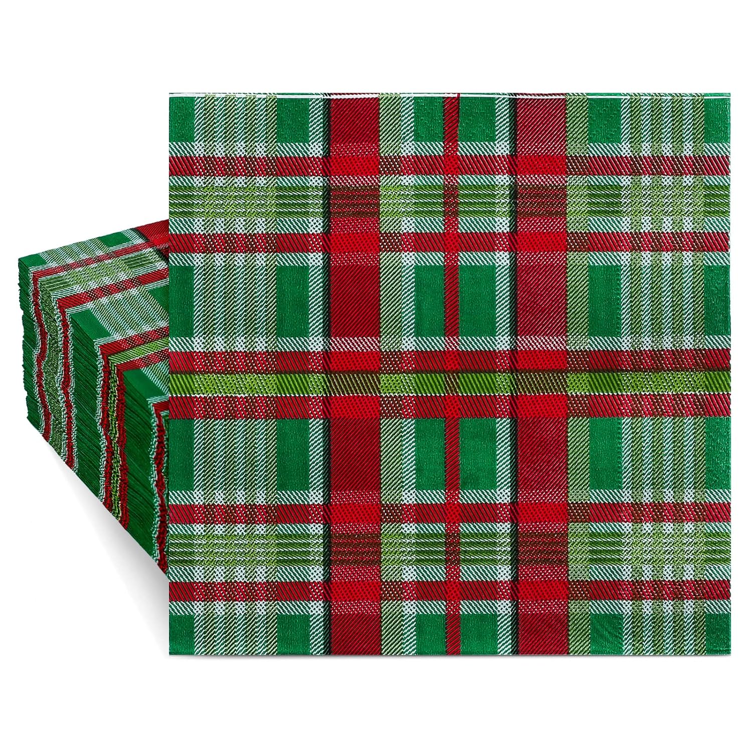 100 Pack Christmas Paper Napkins Buffalo Plaid Pattern Disposable Napkins Christmas Red Green Checkered Decorative Napkins For Christmas Holiday Dinner Party Supplies, 6.5 X 6.5 Inch