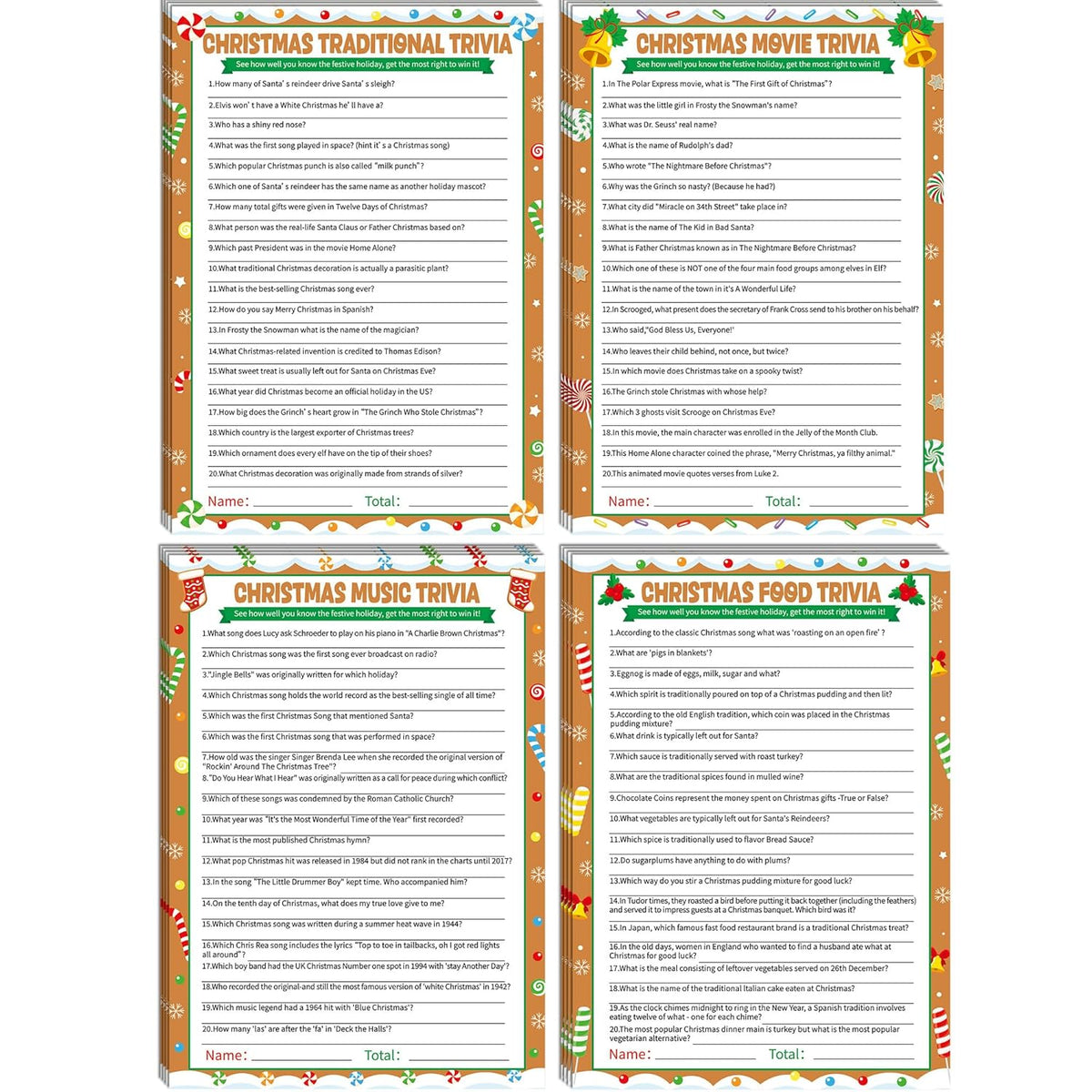 104Pcs Christmas Party Trivia Game Cards Xmas Festival Guessing Activity Christmas Question And Answer Cards For Adults Family Friends Coworkers Groups Winter Holiday Party Supplies (Gingerbread)