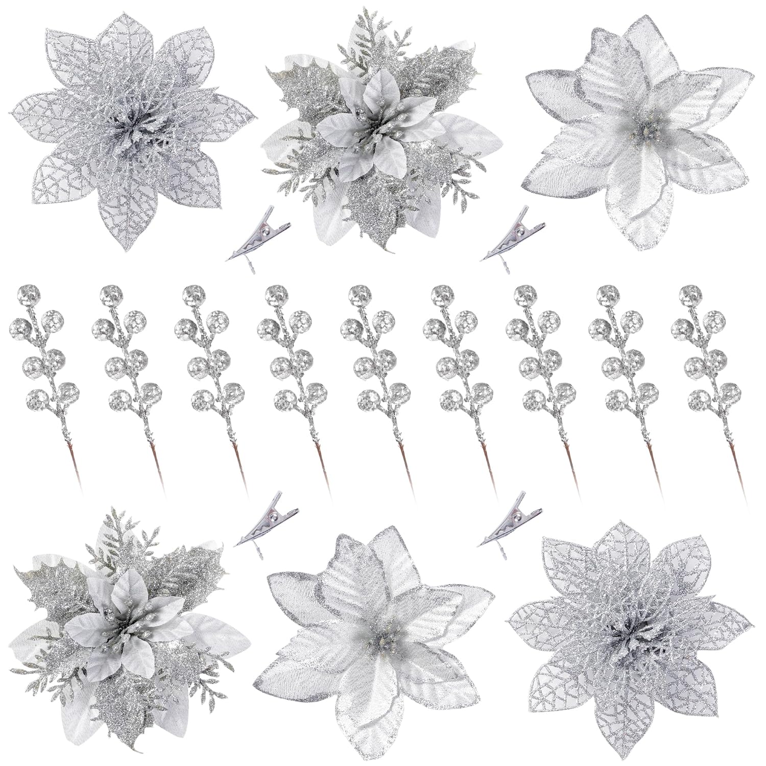 30 Pcs 3 Styles Christmas Glitter Poinsettia Flowers Artificial Berry Picks Christmas Tree Ornaments Artificial Christmas Flowers With Clips For Xmas Wreath Wedding Floral Decorations(Silver)