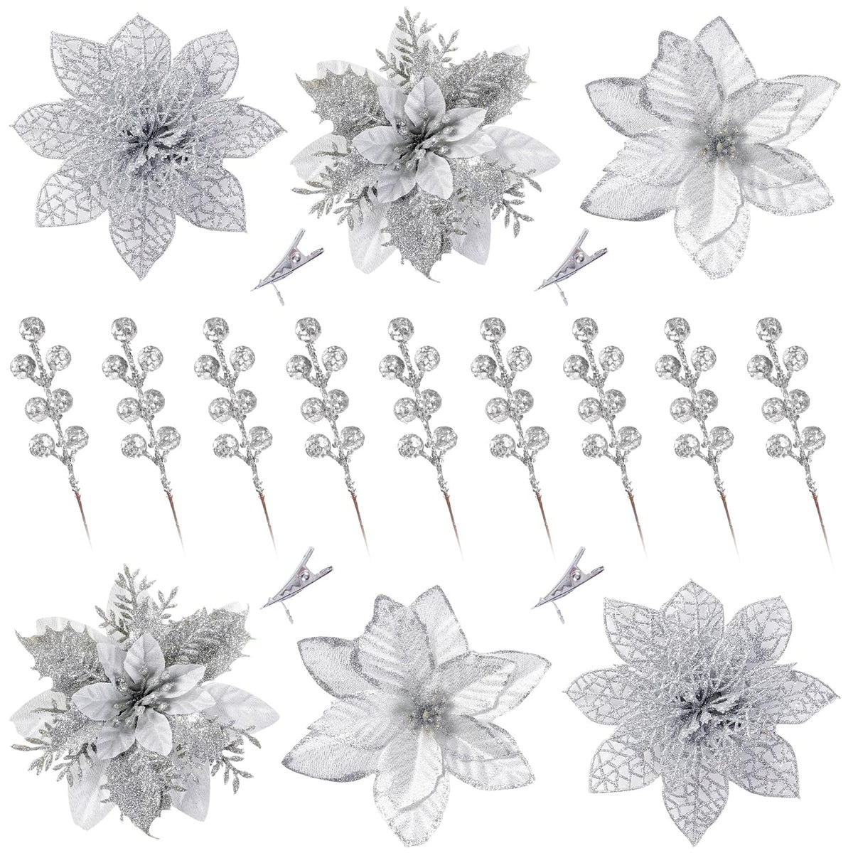 30 Pcs 3 Styles Christmas Glitter Poinsettia Flowers Artificial Berry Picks Christmas Tree Ornaments Artificial Christmas Flowers With Clips For Xmas Wreath Wedding Floral Decorations(Silver)