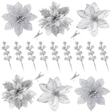 30 Pcs 3 Styles Christmas Glitter Poinsettia Flowers Artificial Berry Picks Christmas Tree Ornaments Artificial Christmas Flowers With Clips For Xmas Wreath Wedding Floral Decorations(Silver)