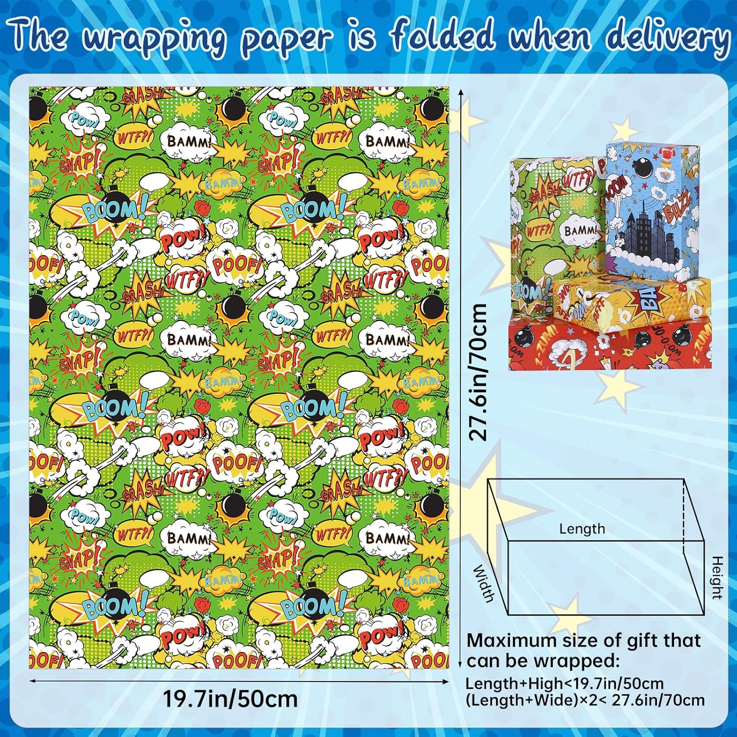 Comic Birthday Wrapping Paper, 19.7'' × 27.6'', 12 Sheets Comic Gift Wrap Colorful Cartoon Print Wrapping Paper With Pow Designs For Kids Birthday Holiday Party Supplies