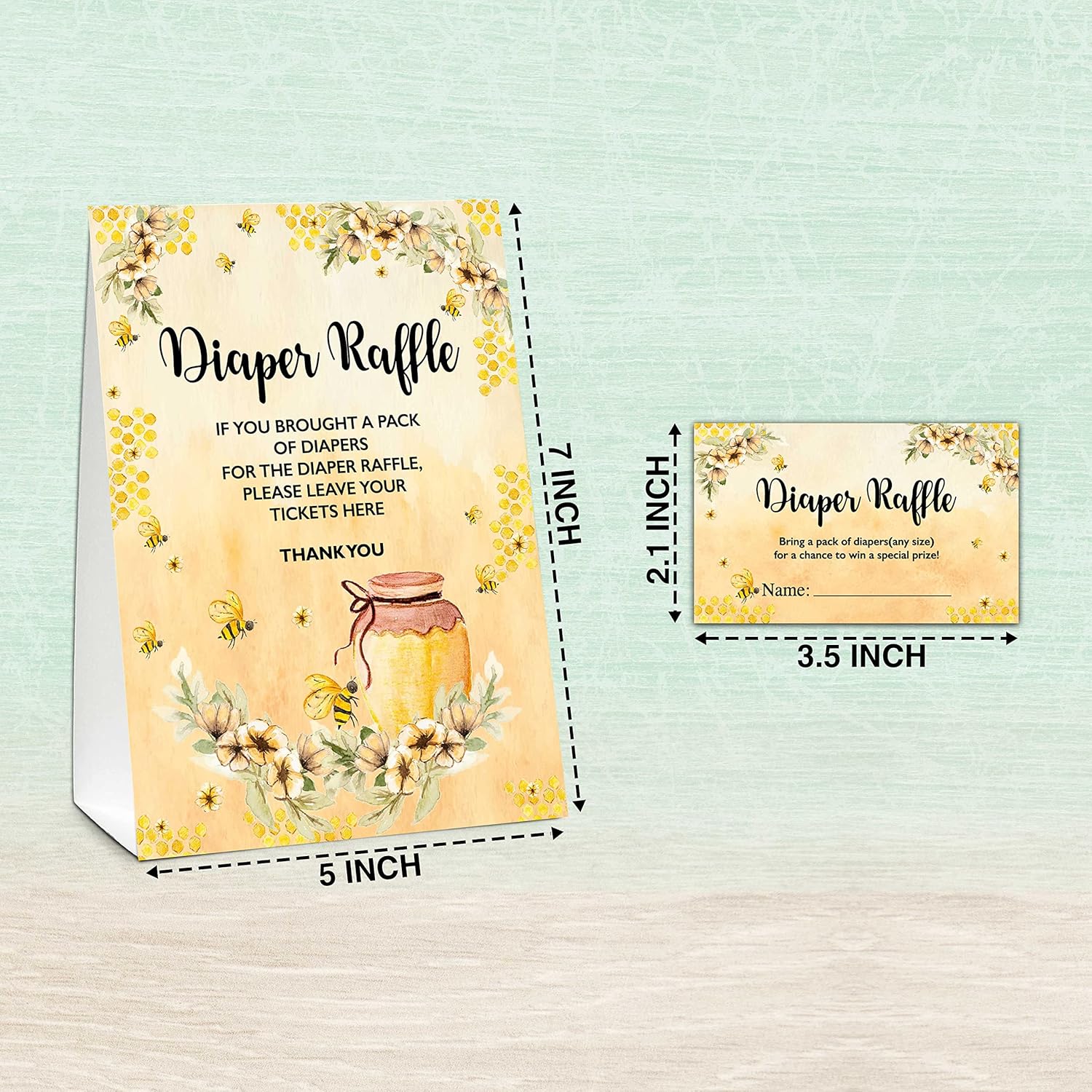Diaper Raffle Party Games, Honey Bee Baby Shower Game, Floral Themed Baby Gender Reveal Party Supplies & Activities -1 Double Sided Standing Sign + 50 Guessing Cards (A09)