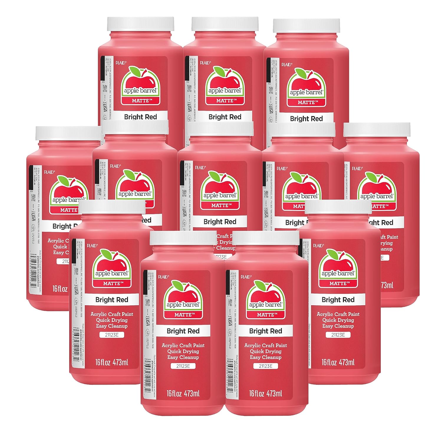 Apple Barrel Acrylic Paint in Assorted Colors (16 Ounce), 21123B Bright Red (Pack of 12)