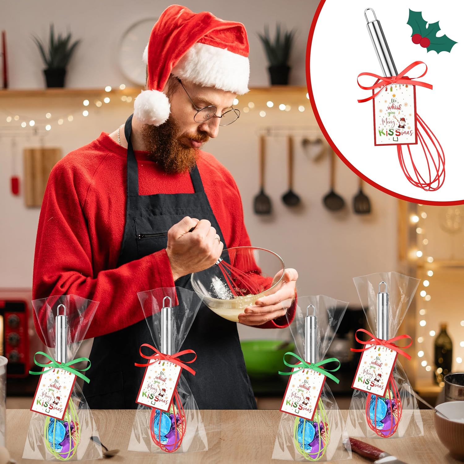 12 Pcs Christmas Whisk Baking Supplies Gifts Set-10'' Red Green Christmas Whisks With Gift Card Ribbon And Bag Holiday Kitchen Baking Supplies Stocking Stuffers Christmas Gifts For Neighbor Family