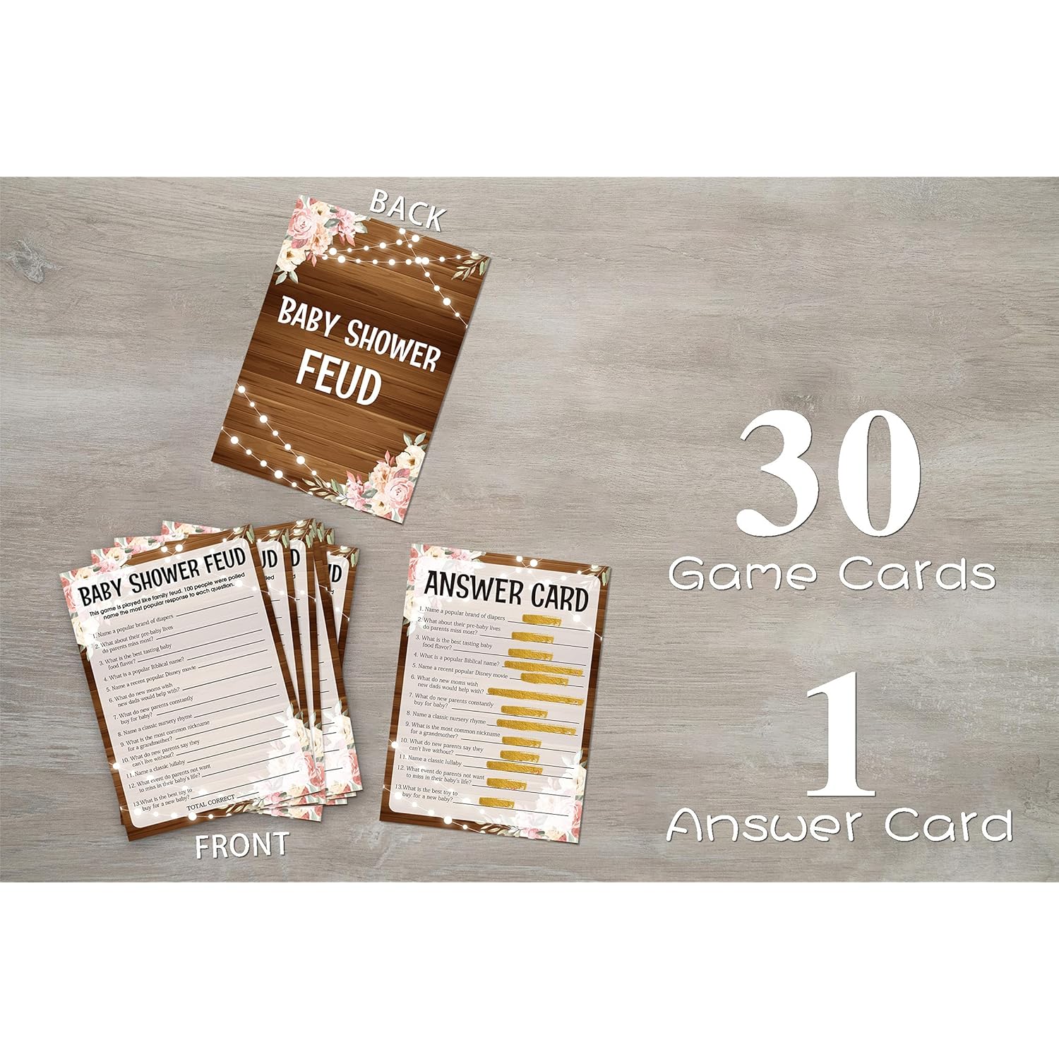 Rustic Wood Pink Floral Baby Shower Game Cards - Gender Neutral Boys Or Girls, Set Of 30 Cards (Brown004)