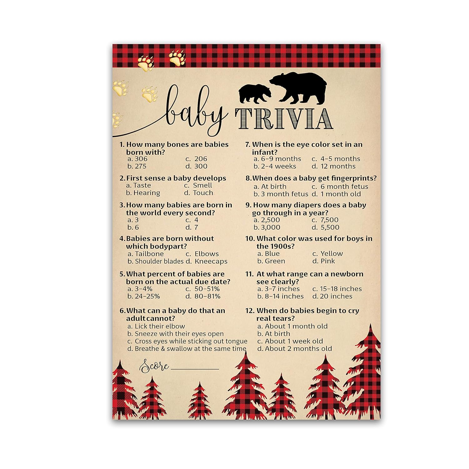 Lumberjack Baby Shower Game — Baby Trivia Game — Pack Of 25, Country Buffalo Plaid Rustic Boy Baby Shower Games, Lumber Jack Bear Red Plaid, Fun Baby Facts Game Gender Neutral Shower Activity G805-Trv