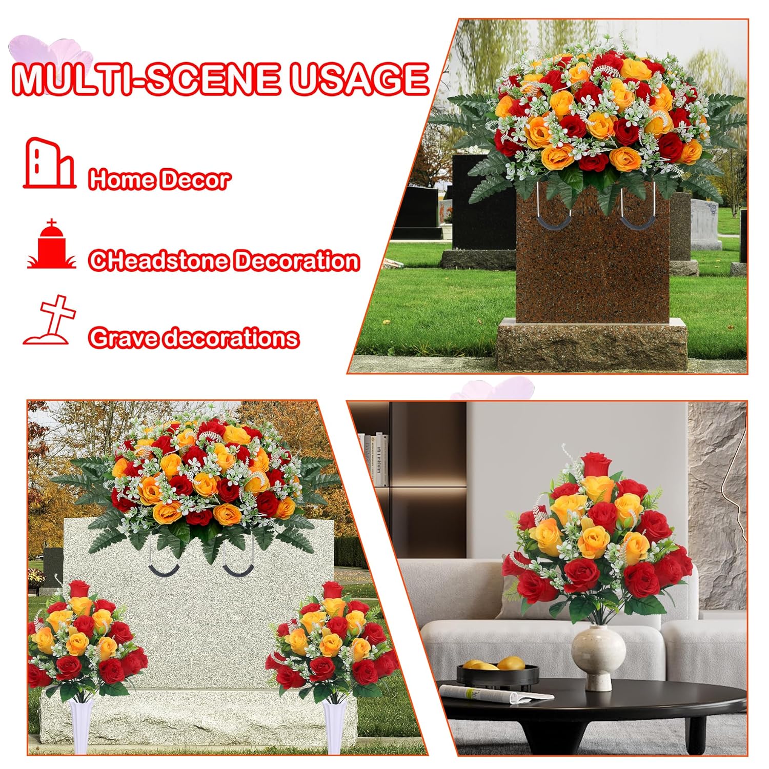 3Pcs Headstone Flowers Saddle For Tombstone,Cemetery Flower Memorial Bouquet With Vase,Rose Headstone Flowers Saddle (Red Yellow)