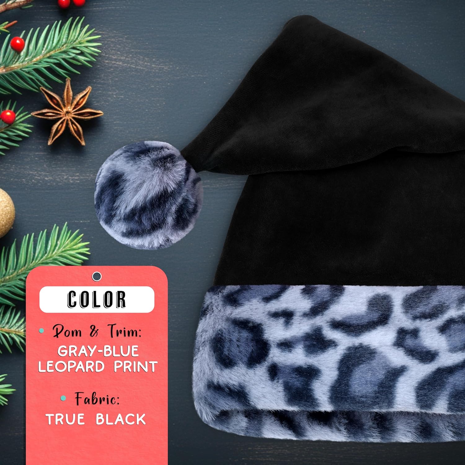 Black Santa Hat - Gray Snow Leopard Trim, Faux Fur - Furry Blue Cheetah Print, Plush Xmas Christmas Accessory - Adult, 1 Size