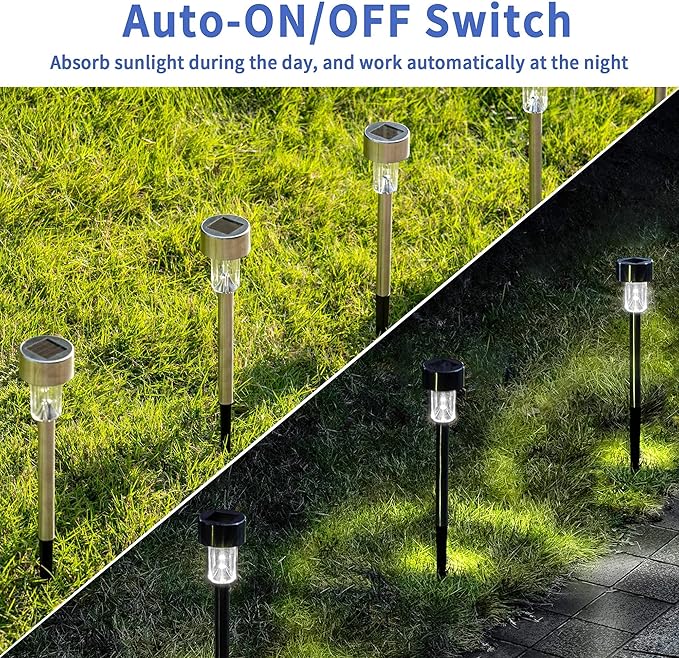 12 Pack Stainless Steel Solar Pathway Lights IP44 Waterproof Auto On Off Cold White Garden Lights