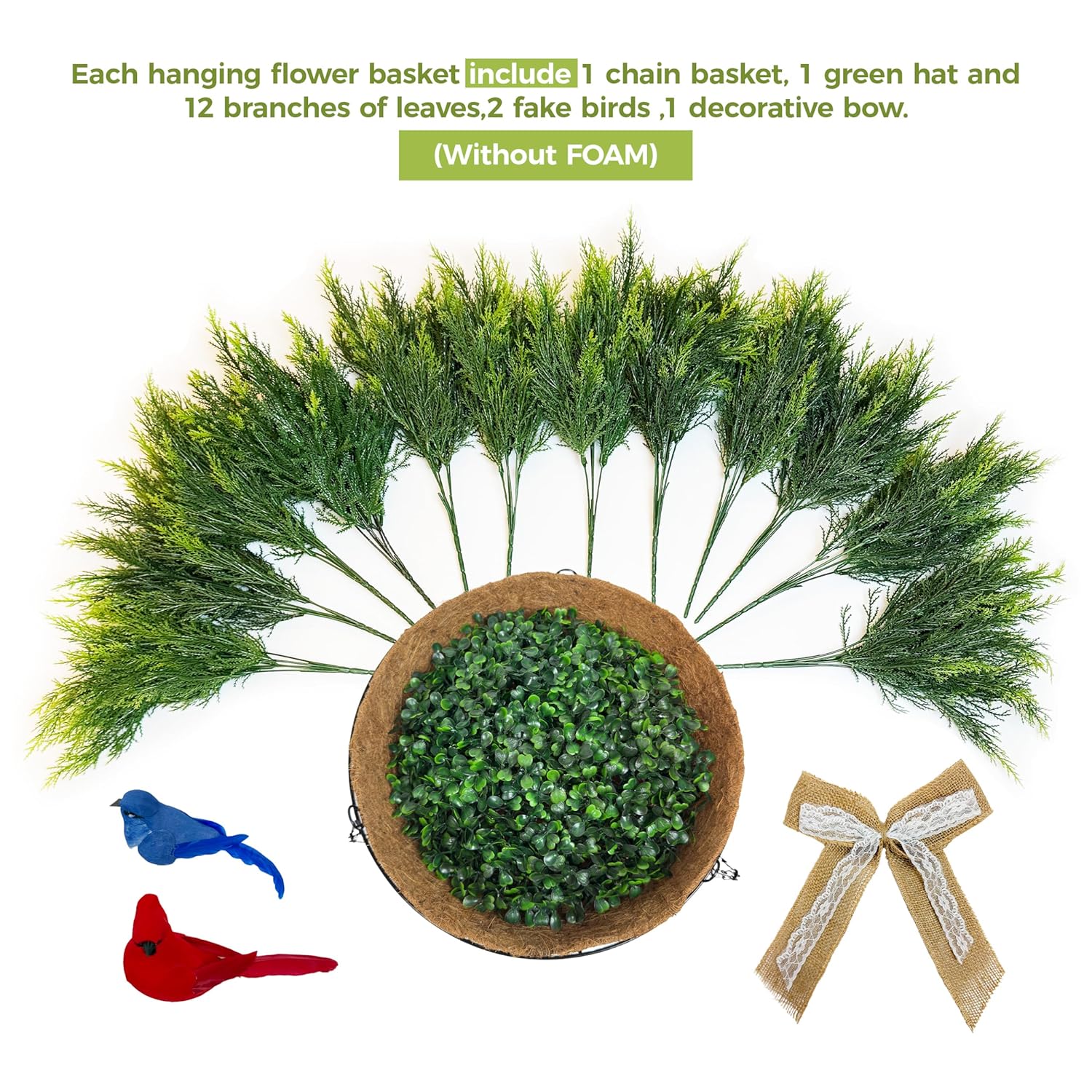 2 Set Artificial Cedar Hanging Baskets, Hanging Ferns Planters With 24 Pcs Cypress Leaves, Decor With Artificial Birds And Linen Bows,Uv Resistant For Spring Summer Outdoor Porch Garden Patio