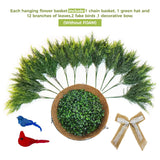 2 Set Artificial Cedar Hanging Baskets, Hanging Ferns Planters With 24 Pcs Cypress Leaves, Decor With Artificial Birds And Linen Bows,Uv Resistant For Spring Summer Outdoor Porch Garden Patio