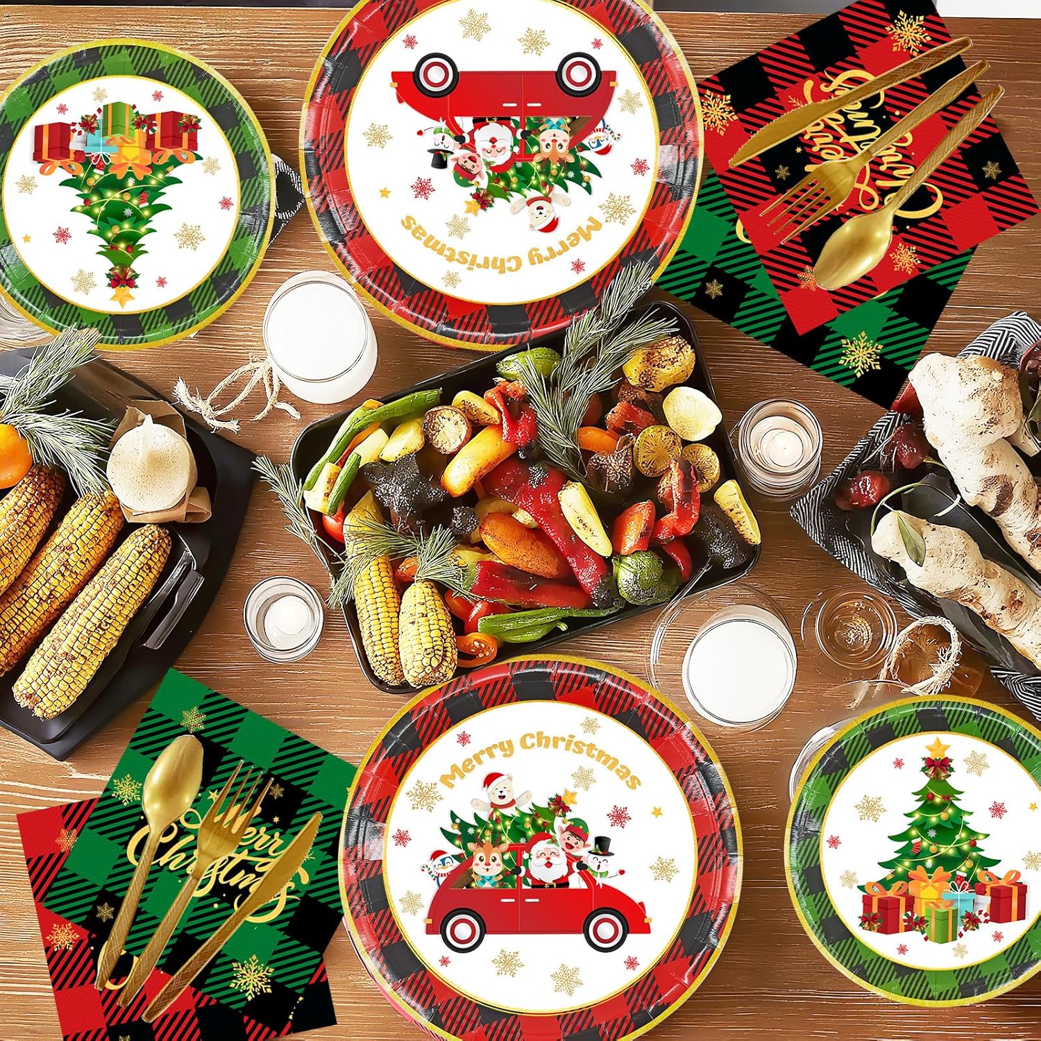 216 Pcs Merry Christmas Plates And Napkins Sets Cute Winter Christmas Round Tableware Disposable Chrismas Paper Plates And Napkins Forks For Xmas Party Supplies Favors Table Decor, Serves 24