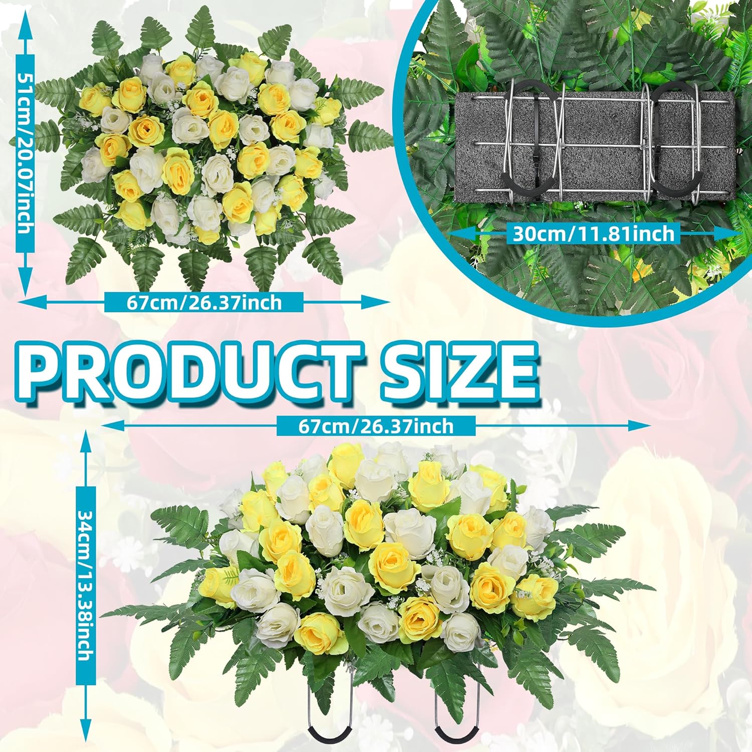 Artificial Cemetery Flowers Saddle - Grave Decoration Headstone Flower Rose For Outdoor Grave Decorations (Yellow White)