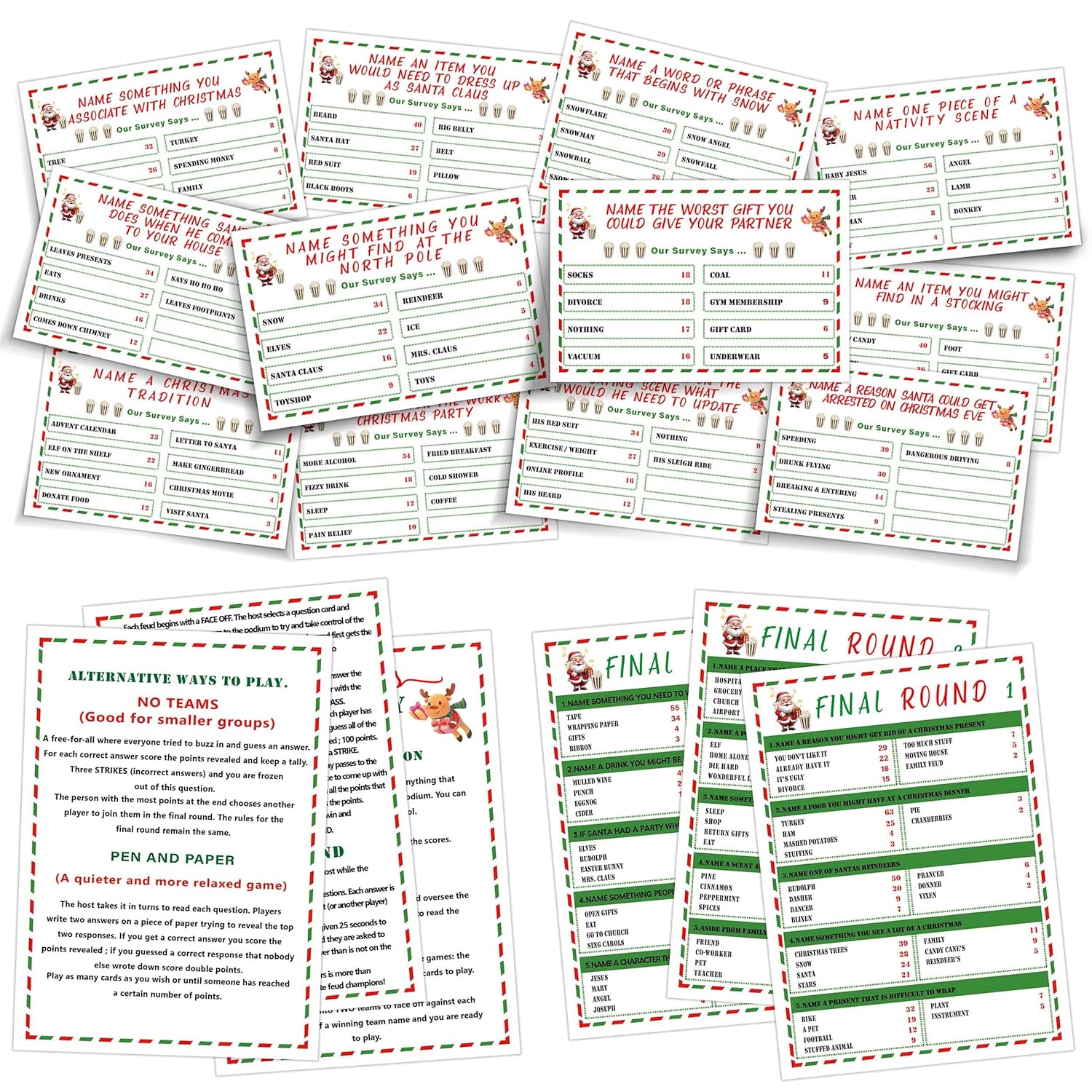Christmas Friendly Feud Quiz, Family Game Night, Baby Shower Cards For Adults, 12 Question & 3 Final Round Cards, Party Favors Supplies-Mq6