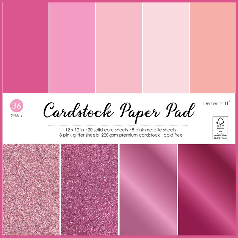 36 Sheets 12X12 Cardstock Scrapbook Decorative Paper - 220Gsm Pink Solid Glitt