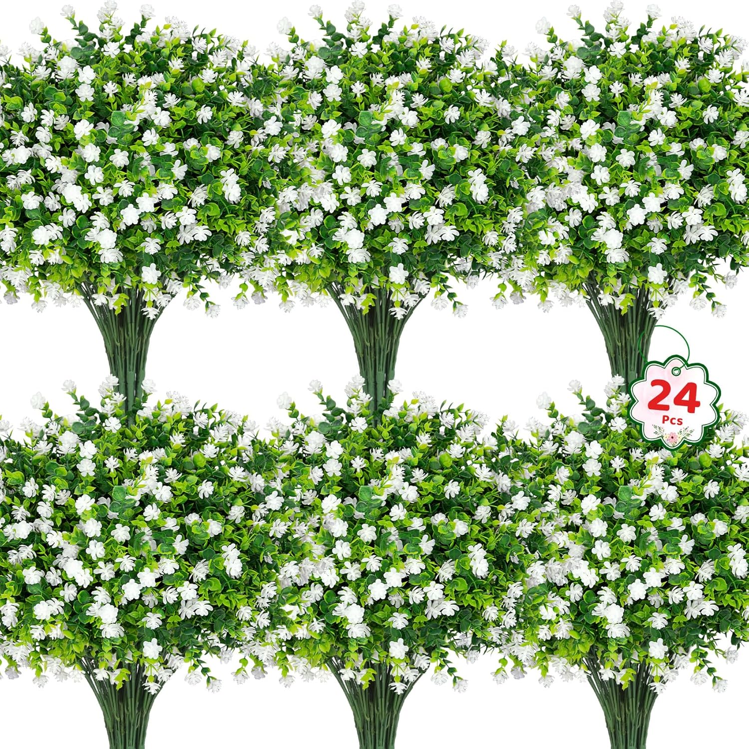 24 Bundles Artificial Flowers For Outdoors, Uv Resistant Eucalyptus Fake Flowers Shrubs Greenery Plastic Plants For Garden Porch Window Box Farmhouse Indoor Home Decor, White