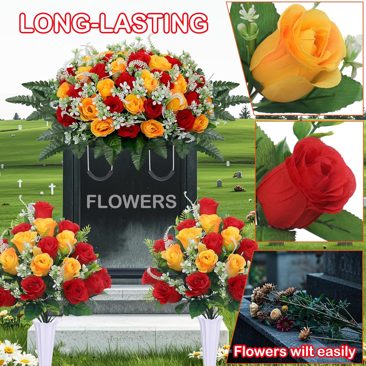 3Pcs Headstone Flowers Saddle For Tombstone,Cemetery Flower Memorial Bouquet With Vase,Rose Headstone Flowers Saddle (Red Yellow)