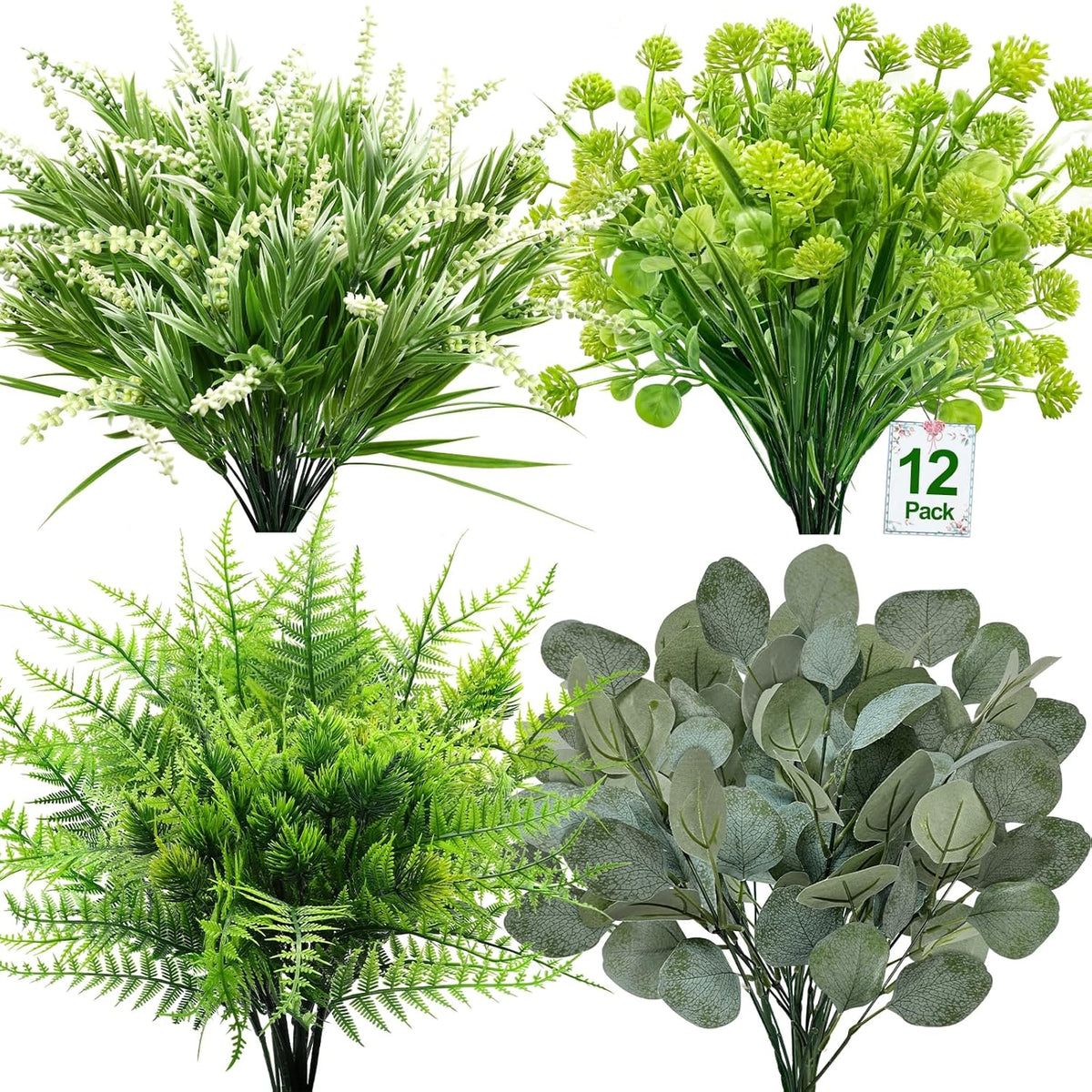 12 Bundles Artificial Plants Outdoor Uv Resistant Faux Plant Boston Fern Lavender Eucalyptus Greenery Shrubs Plastic Fake Flowers For Outside Indoor Gardens Porch Yard Planter Home Spring Summer Decor
