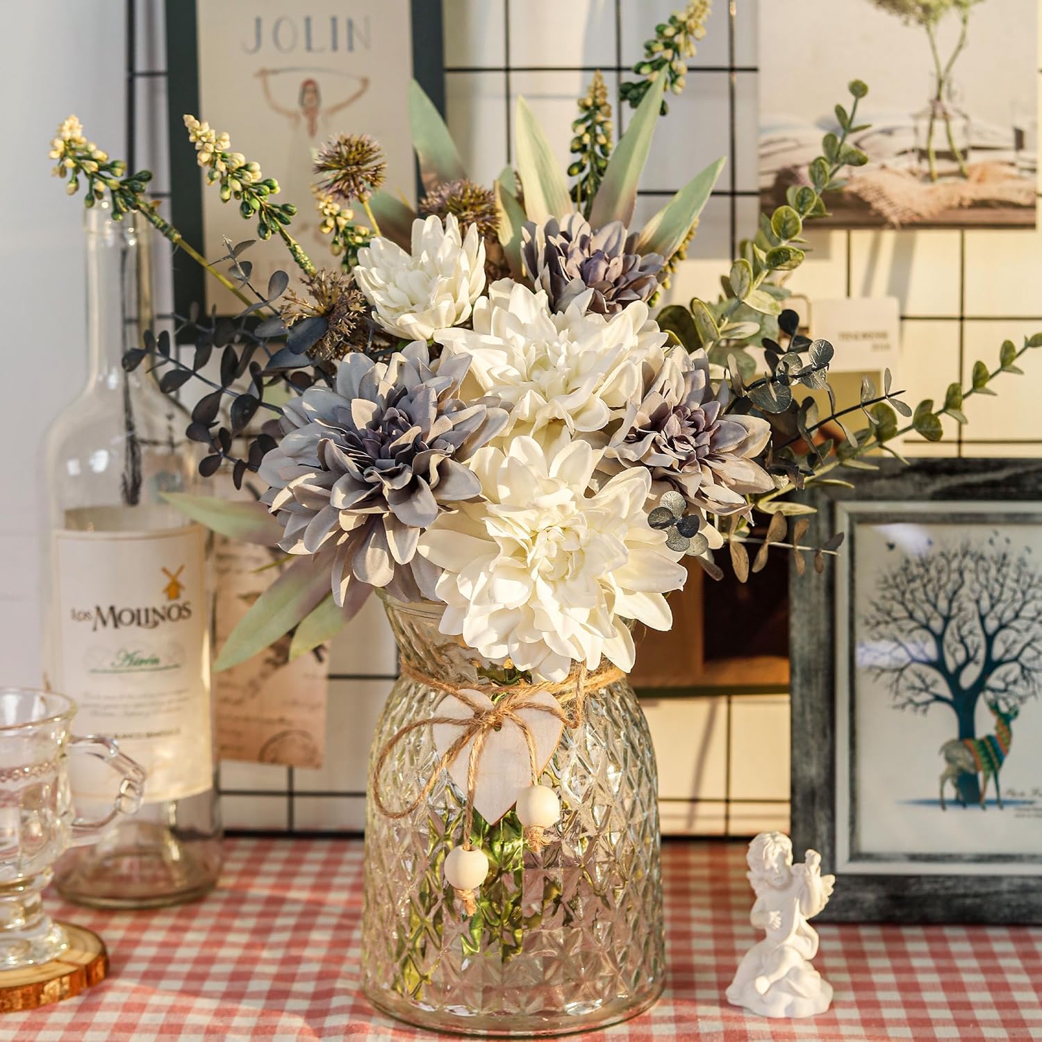 Fake Flowers In Vase Silk Artificial Navy Blue Flowers Arrangements With Glass Vase For Dinning Coffee Table Centerpieces Home Kitchen Farmhouse Wedding Decor