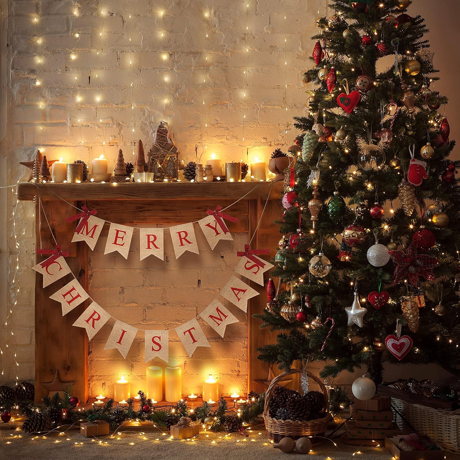 Merry Christmas Banner Xmas Burlap Bunting Garland Christmas Decorations For Fireplace Chimney Wall Tree Party Indoor Outdoor Party Office Classroom(Flaxen)