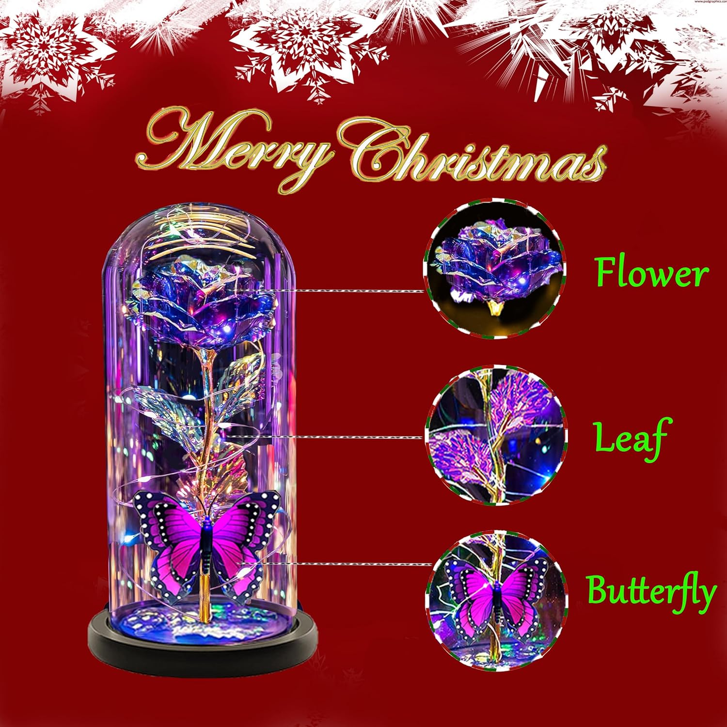 Valentines Rose Flowers Gifts For Her Women Mom Wife,Galaxy Crystal Light Up Purple Rose In Glass Dome Rose Gifts For Mom Girlfriend,Valentines Day Gifts For Her?Butterfly Birthday Gifts For Women