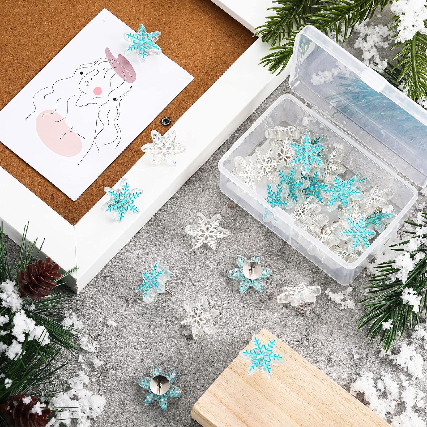 30 Pieces Christmas Snowflake Push Pins, Decorative Cork Board Tacks, 0.9 Inch Thumb Tacks For Bulletin Board, Office Home Winter Christmas Decorations(White, Blue)