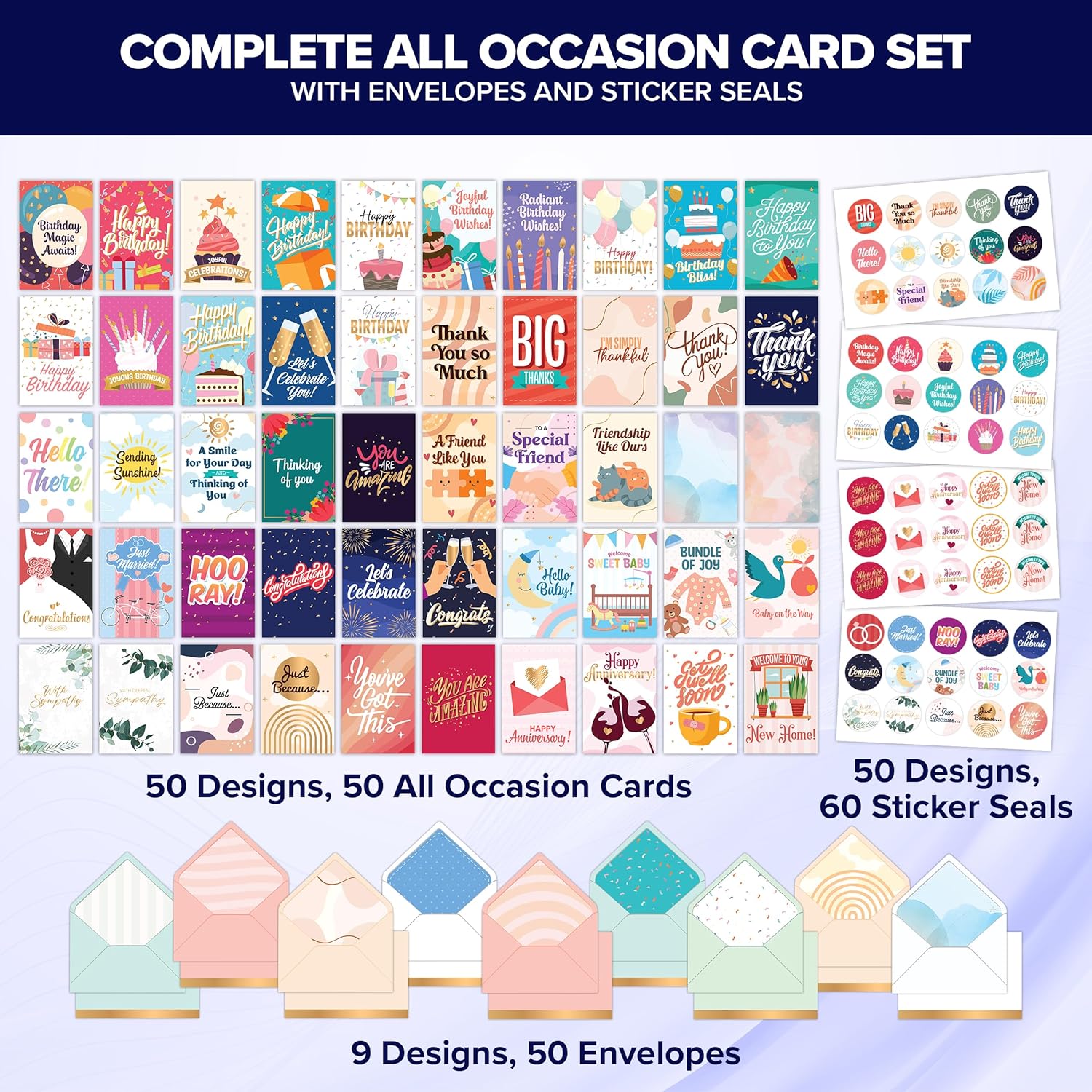 50 Pack Gold Foiled & Glittery 5X7In All Occasion Cards Assortment Box With Envelopes & Stickers, 50 Unique Designs For Friends, Family And Loved Ones With Printed Message - Gifting, Mailing