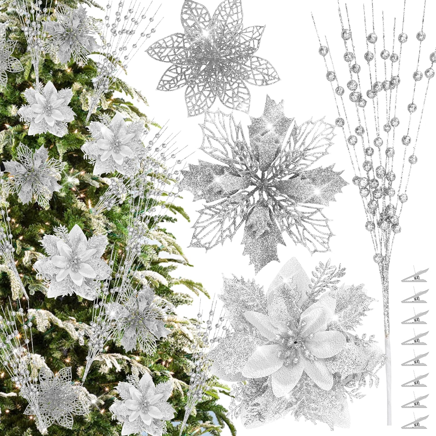 30Pcs Glitter Poinsettia Flowers Berries Stems Ornaments Kit, 24Pcs Artificial Flowers With Clips And 6Pcs Berry Picks Floral Decorations For Christmas Tree Wreath Fireplace Xmas Party Decor (Silver)