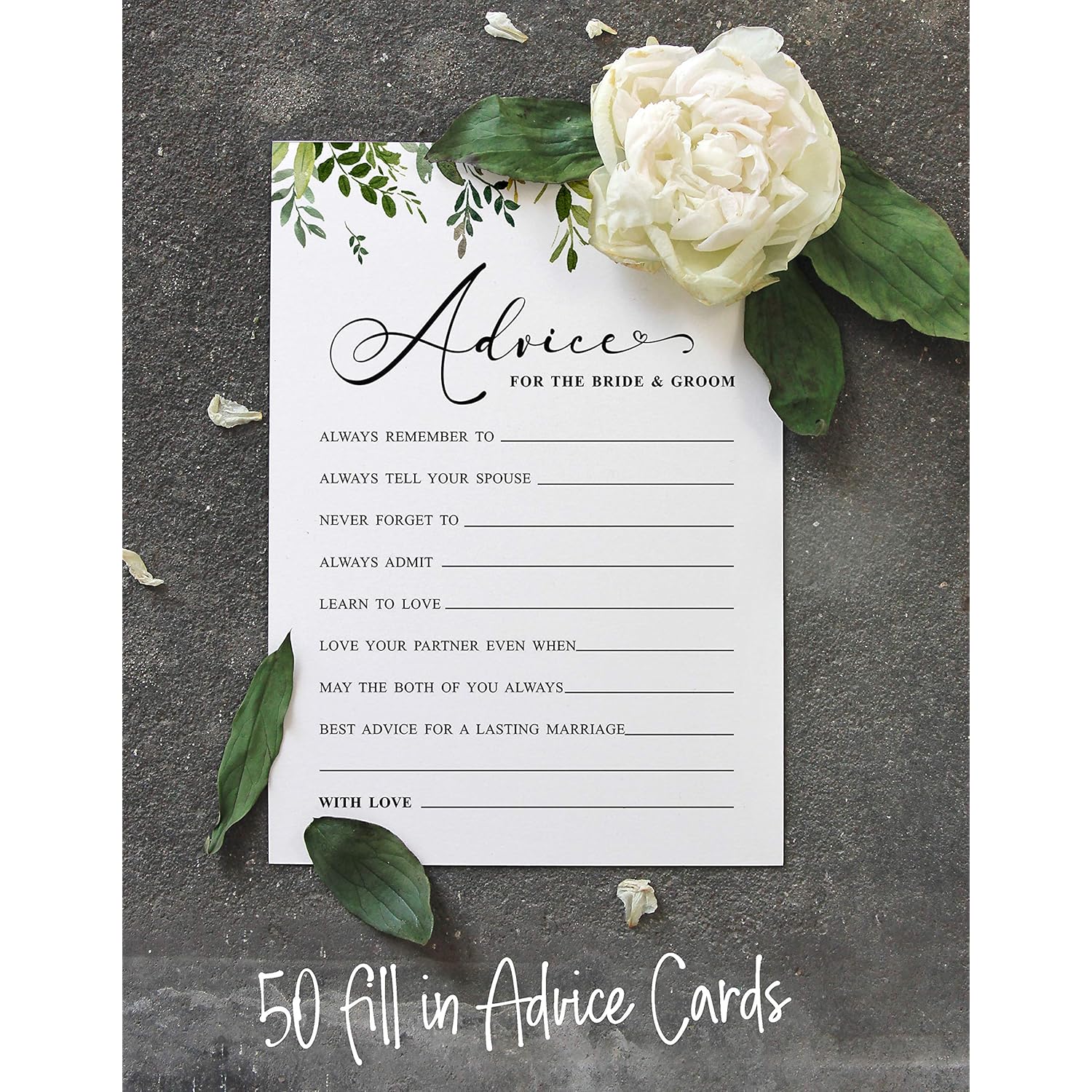 Pack Of 50 Greenery Advice Cards, Advice & Wishes For The Bride And Groom, Mr And Mrs Wedding Game Activity 5X7 Inches