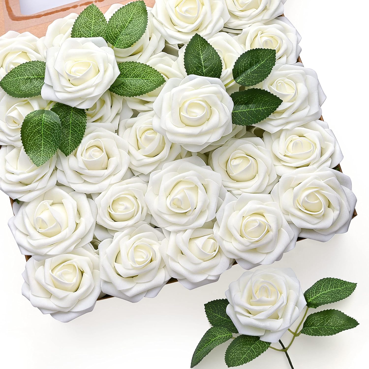 50Pcs White Rose Artificial Flowers, Ivory Roses For Decorations, Real Touch Fake Rose With Stems Bulk Diy Wedding Bouquet Bridal Shower Valentine'S Day Floral Arrangement Party Home Decor
