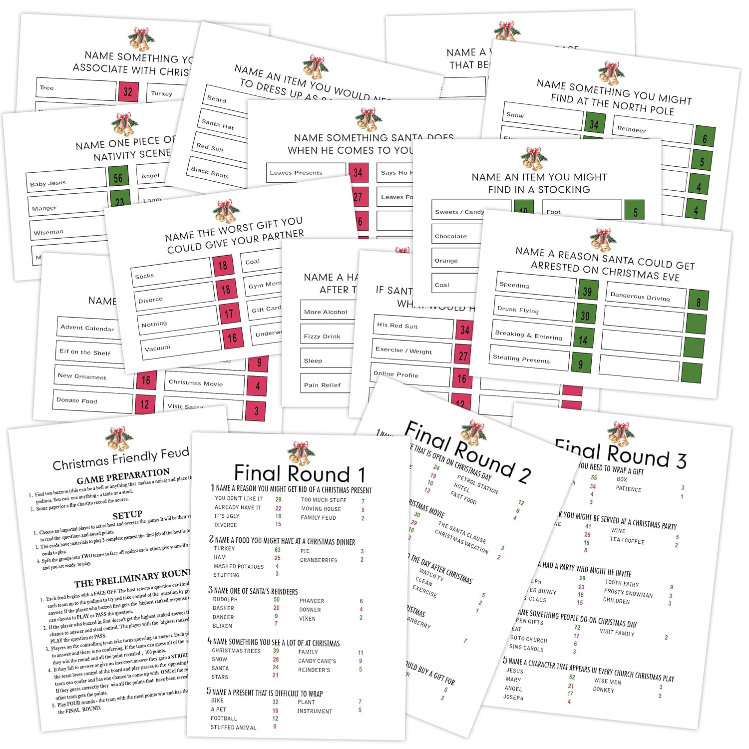 Christmas Friendly Feud Quiz, Christmas Games For Family Party, Family Feud Games, Ice Breaker Game For Adults, Large Group Party Supplies, Includes 12 Preliminary Cards And 3 Final Round Cards, Zc02
