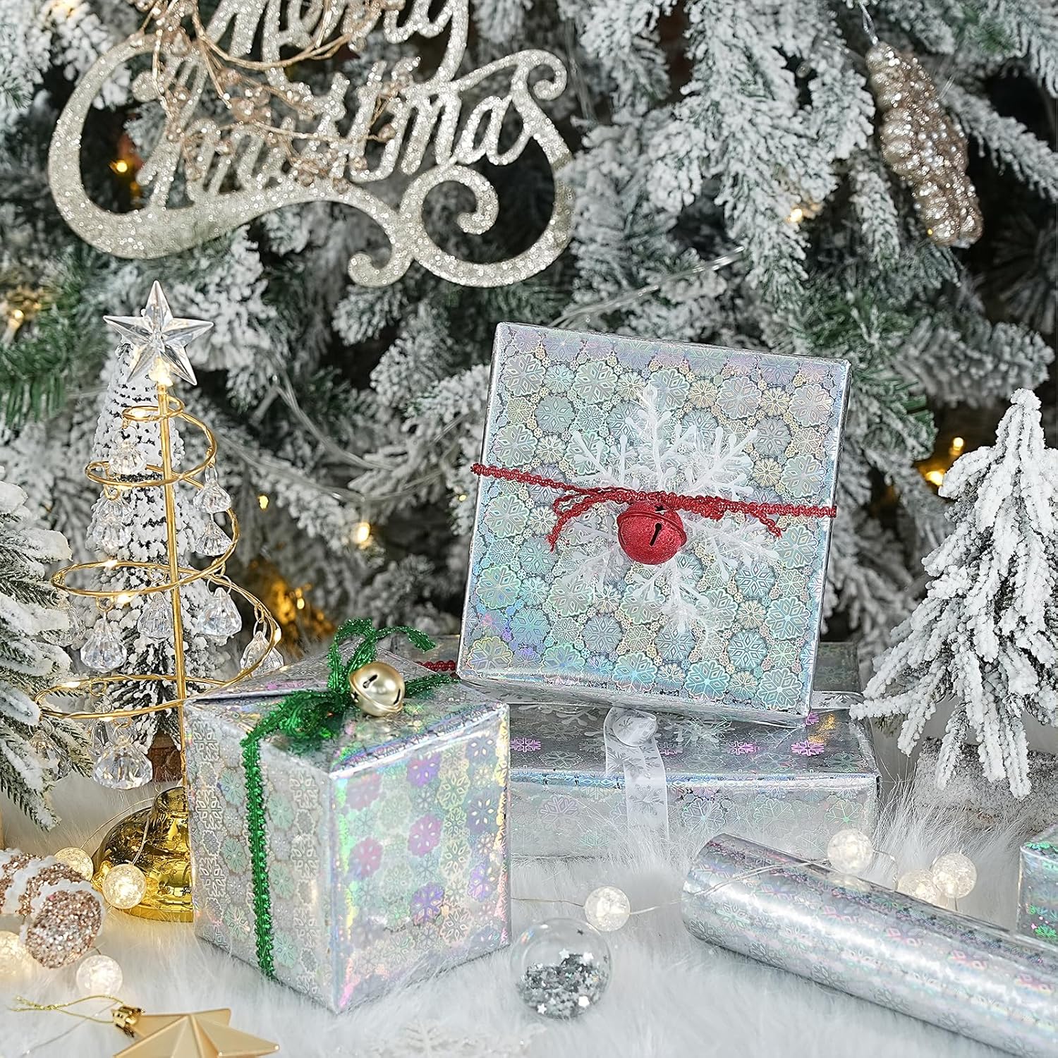 Silver Holographic Wrapping Paper, Metallic Snowflake Design For Christmas, New Year'S Eve, Holiday Party, Birthday Bash, Bridal Shower, Baby'S First Christmas, Mini Roll, 17 In X 32.8 Ft