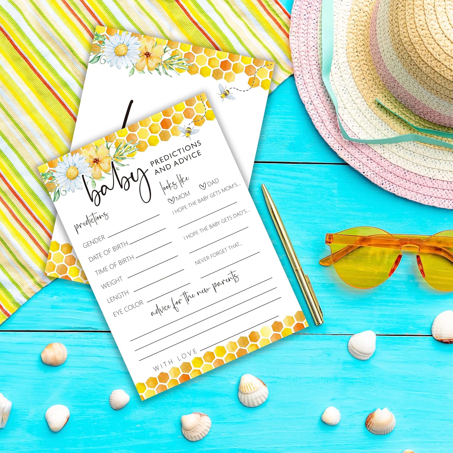 Bee Baby Shower Games, Baby Predictions & Advice, Summer Daisy Bumble Bee Decorations, Gender Neutral Party Supplies & Favor, 5X7 In, Set Of 25