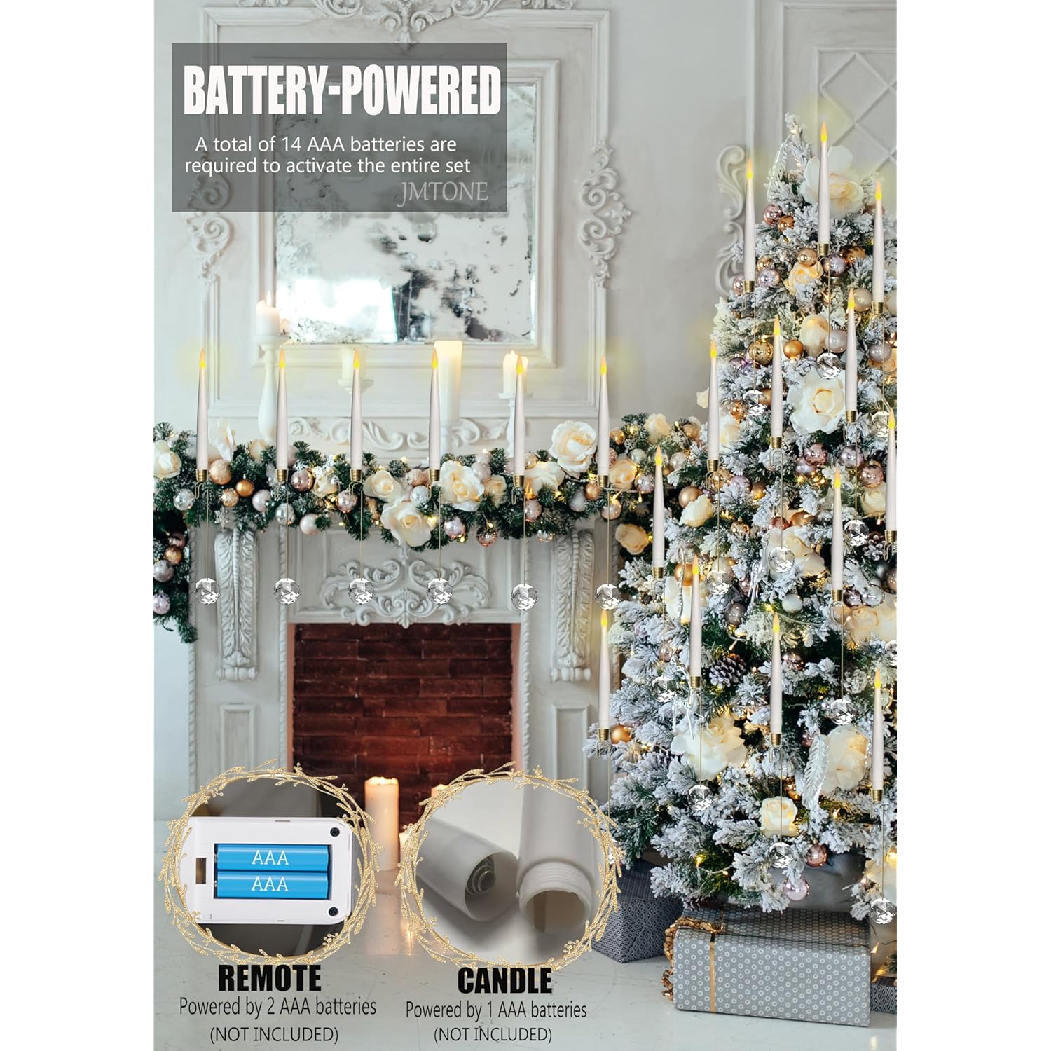 Christmas Tree Candles, 12 Pack Flameless Taper Candles For Christmas Tree Decor, Battery Operated With Remote Flickering Led Candles With Clear Crystal Ball Gold Hook For Xmas Wedding Home Gift