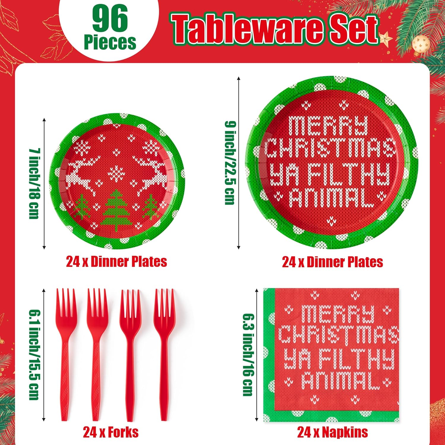 Christmas Plates Napkins Tableware - 96Pcs Funny Xmas Movie Party Forks Dinnerware Set Decoration Supplies, Merry Christmas Ya Filthy Animal Disposable Tableware Favor For Holiday (24 Guests)