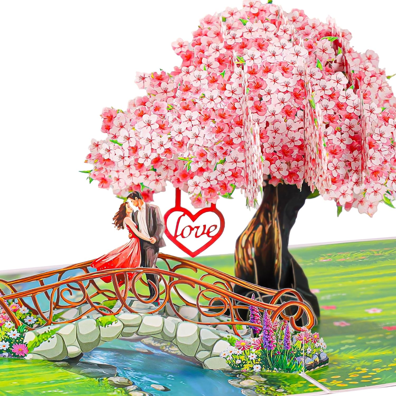 Pop Up Valentines Card Cherry Blossom, 3D Bridge With Couple, Anniversary, Wedding Cards For Wife, Husband, Her, Him, Girlfriend, Ideal Gift For Birthday, Wedding, Valentines, Mothers Day, 6X8 Inch