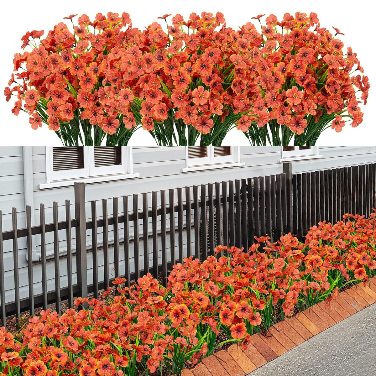 21 Bundles Artificial Outdoor Uv Resistant Flowers No Fade Fake Outside Flowers Plastic Greenery Faux Shrubs Garden Porch Window Box Home Decoration (Orange)