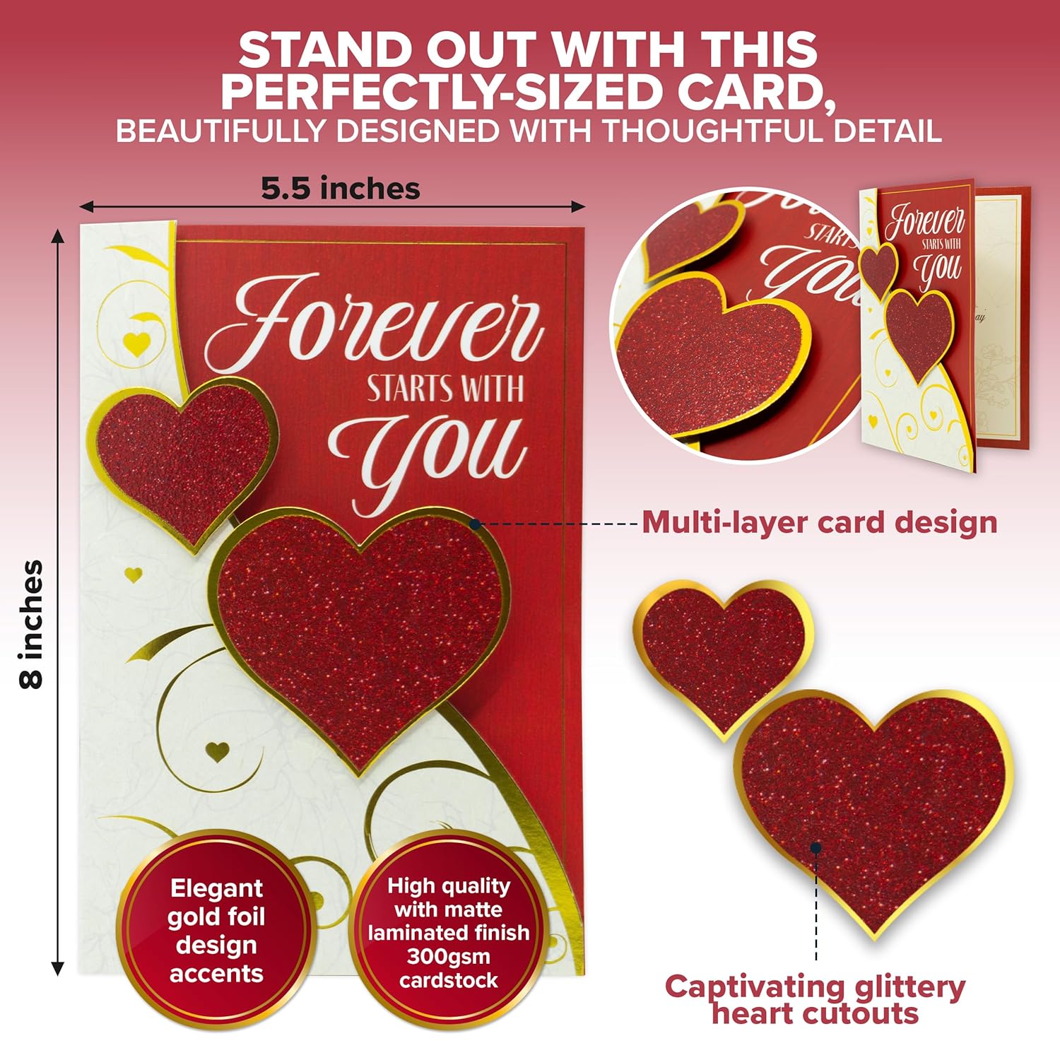 Foil & Glittery 5.5X8In Handmade Individual Valentines Day Card For Wife Or Girlfriend With Heart Cutout, Envelope & Stickers For Romantic Partner, Printed Message Inside, Gifting & Mailing