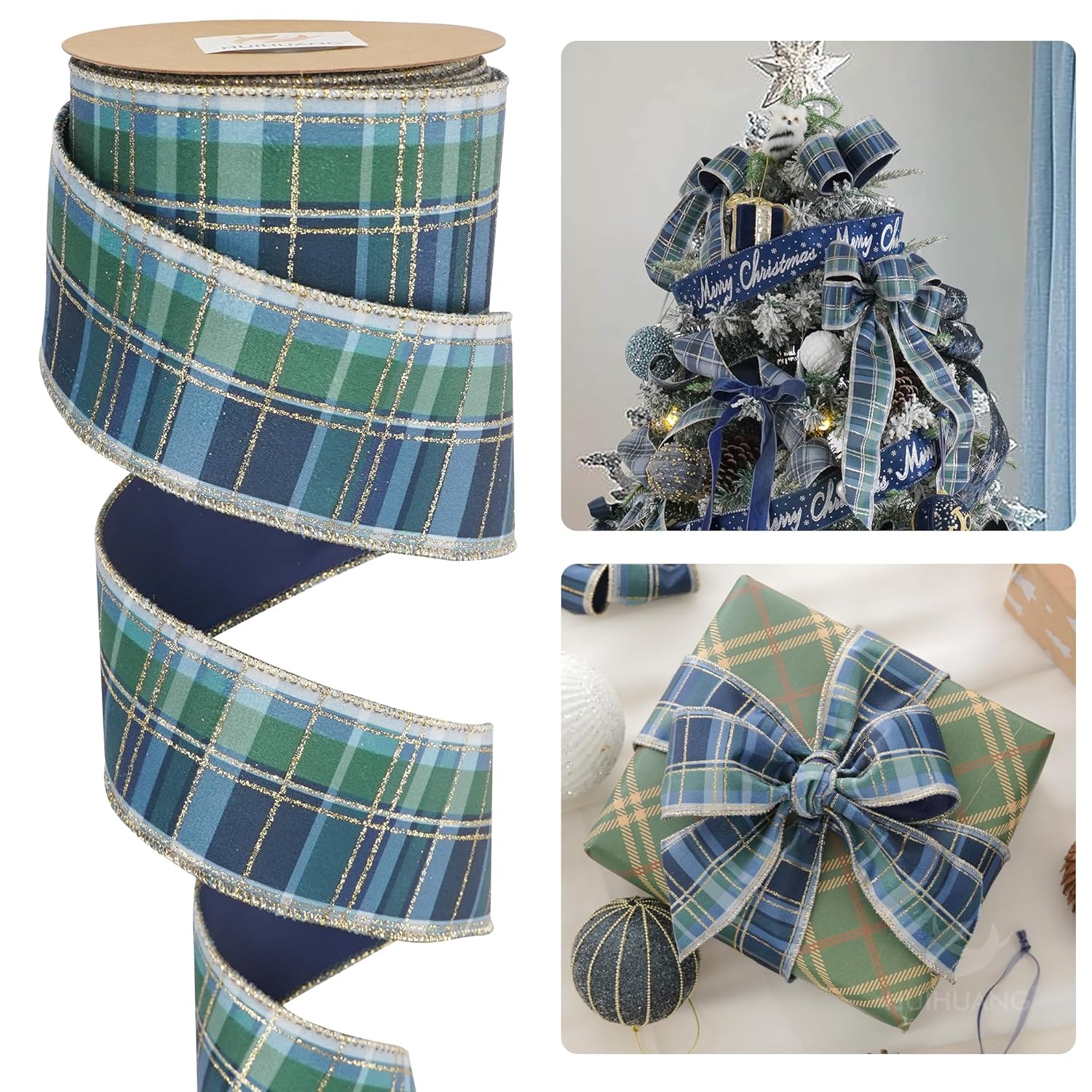 Blue And Green Plaid Christmas Ribbon 2.5 Inch Tartan Velvet Wired Ribbon For Christmas Tree, Garlands, Gift Wrapping, Wreaths, Mantel & Holiday Crafts- Continuous 10 Yards