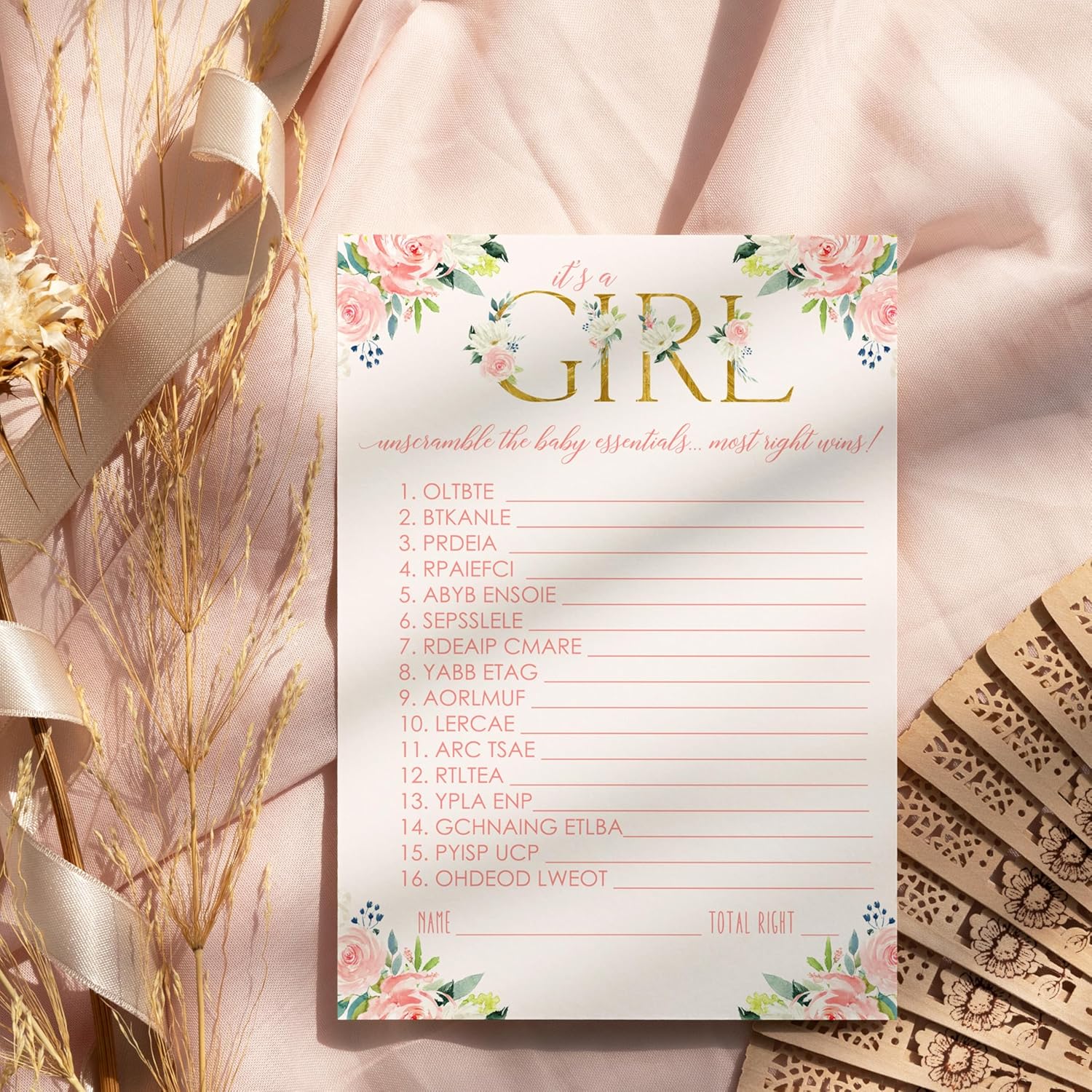 Oh Girl Baby Shower Games Rustic - Word Scramble Cards - 25 Pack - Fun Baby Shower Activities For Guests - Boho Floral Theme In Pink And Gold