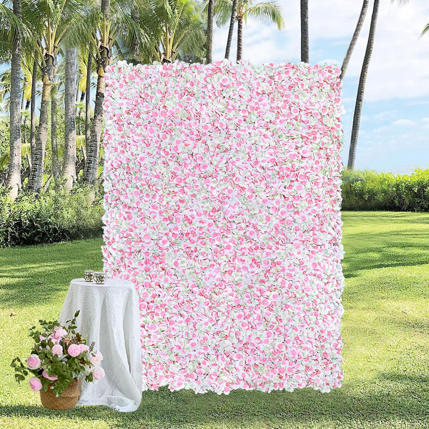 Pink Flower Wall Backdrop Decor - Floral Wall Panel 3.5Ft X 4.6Ft Hydrangea Artificial Flowers For Wedding Baby Bridal Shower Birthday Photoshoot Outdoors Background