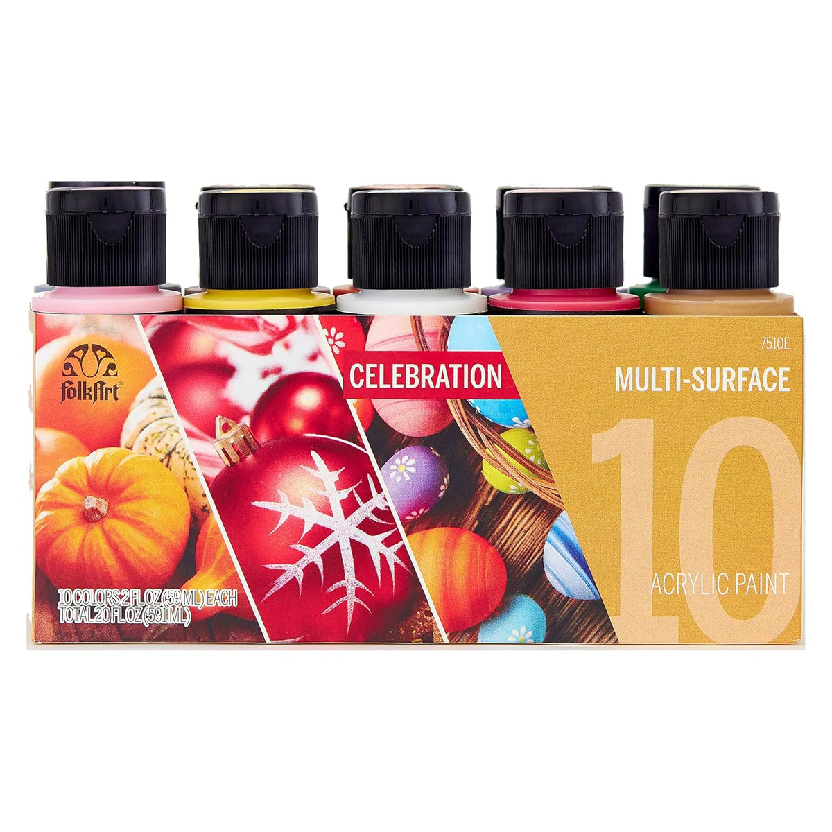 FolkArt Color, 10 Bottle Multi-Surface Acrylic Paint Set, 2oz, Celebrations, 20 Fl Oz (Pack of 1)
