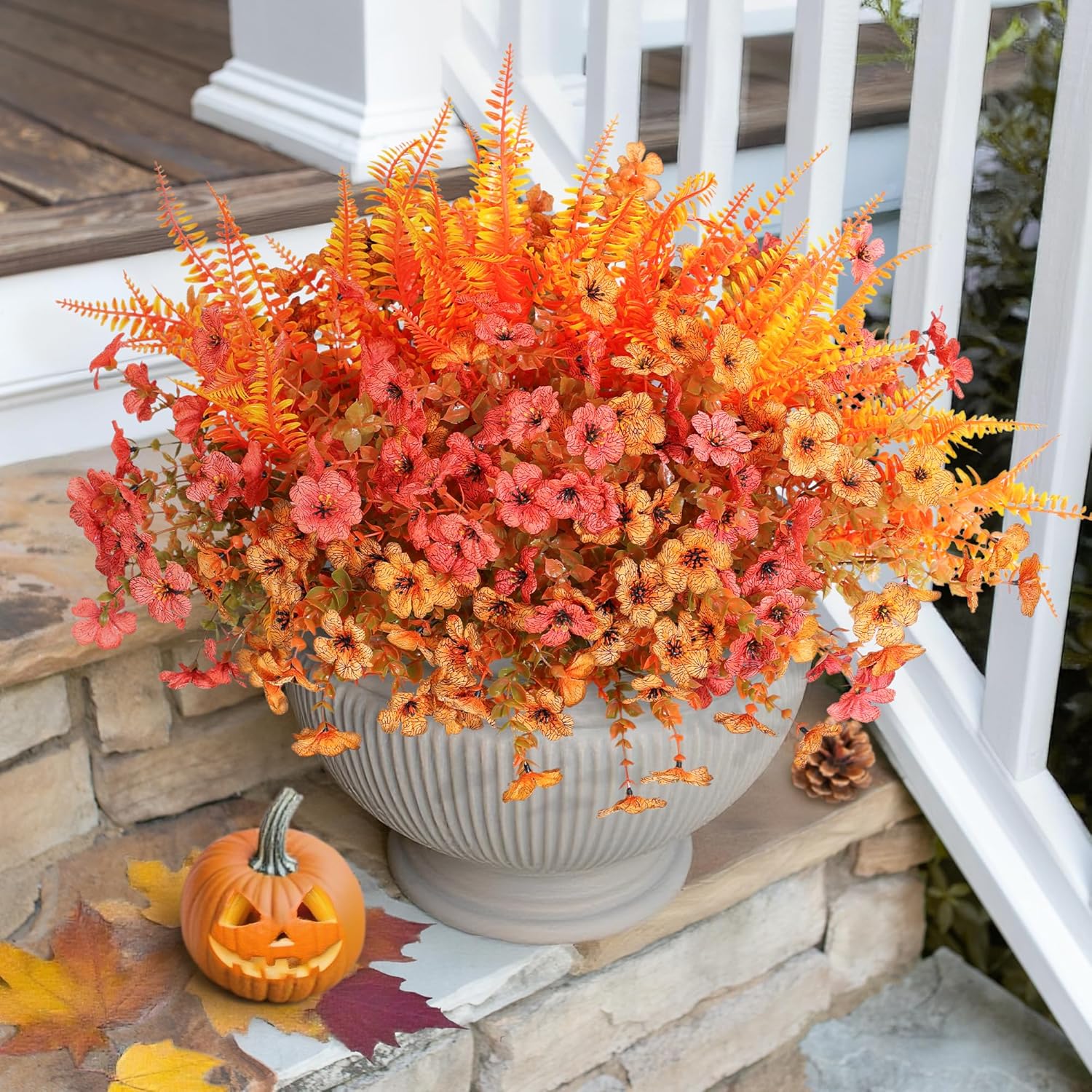 Artificial Fall Flowers Fake Mums Plants For Outdoors Decoration, 14 Bundles Faux Silk Daisy And Ferns Uv Resistant Autumn Fake Planter For Home Porch Patio Yard Window Box