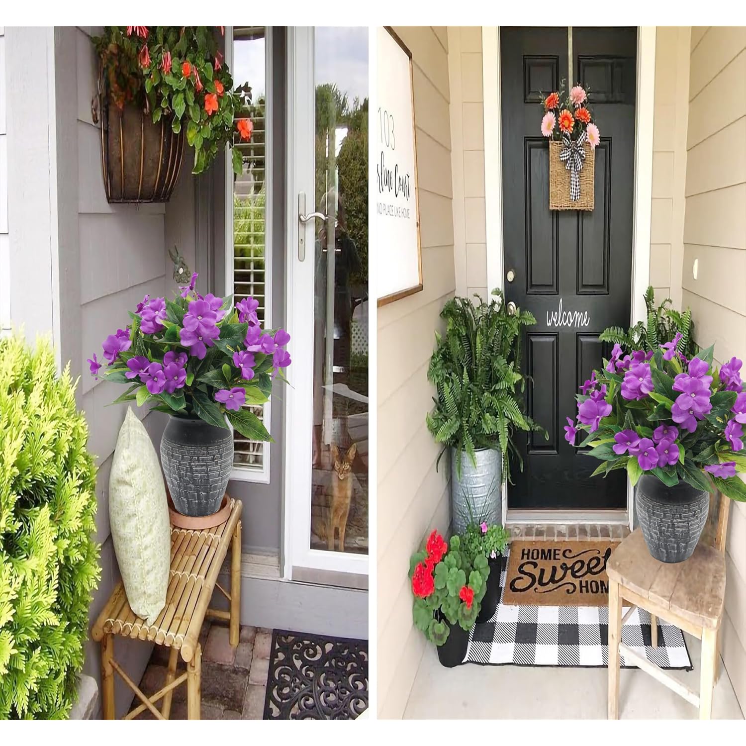 Artificial Impatiens Bouquet Purple Faux Impatiens Bushes For Outdoors Pot Hanging Basket Porch Patio Lawn Garden Wedding Decoration