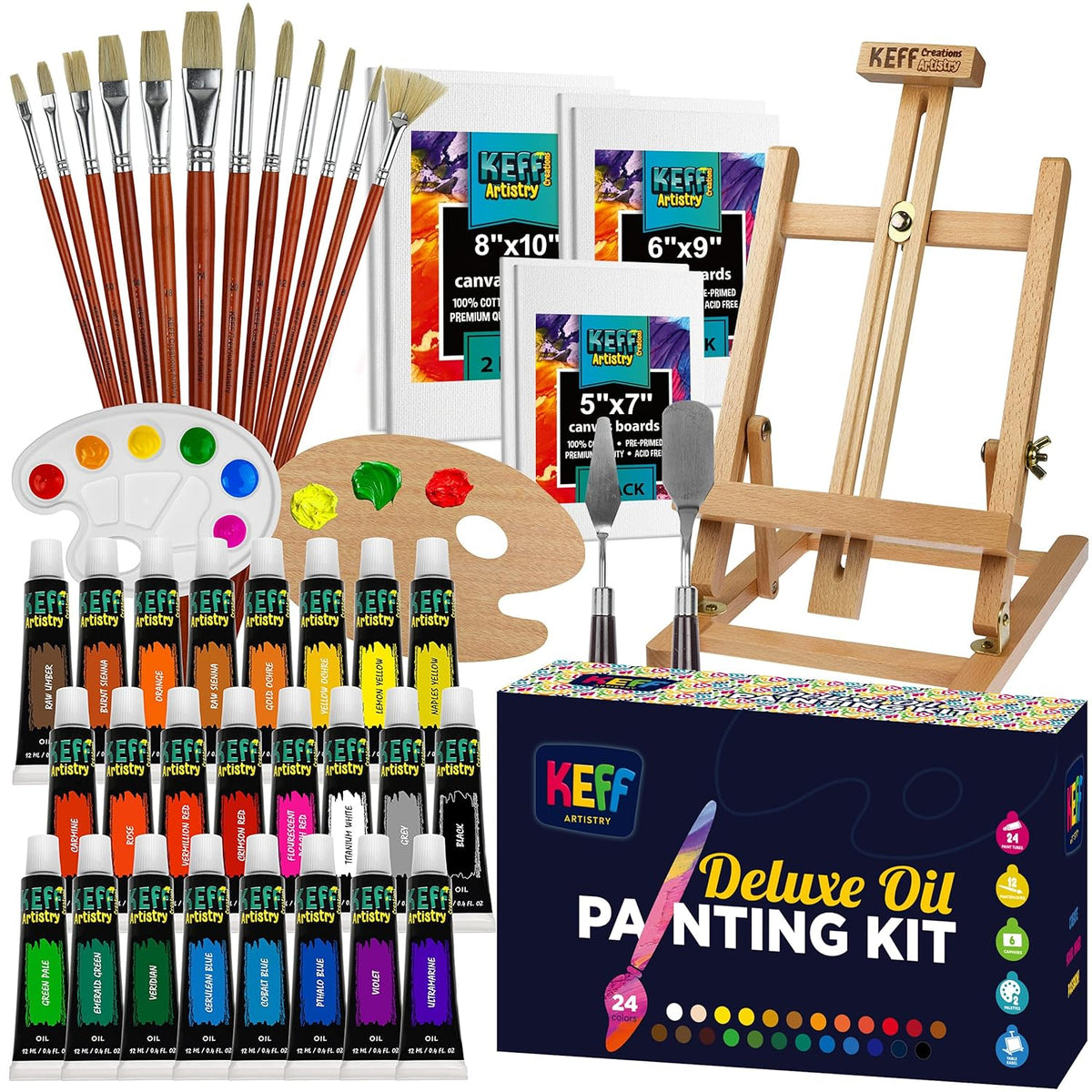 Oil Paint Set For Adults And Kids - Art Supplies Painting Kits With 24 Oil Paints, Stretched Canvas, Art Easel, Brushes, Palette, Knives And Paper Pad