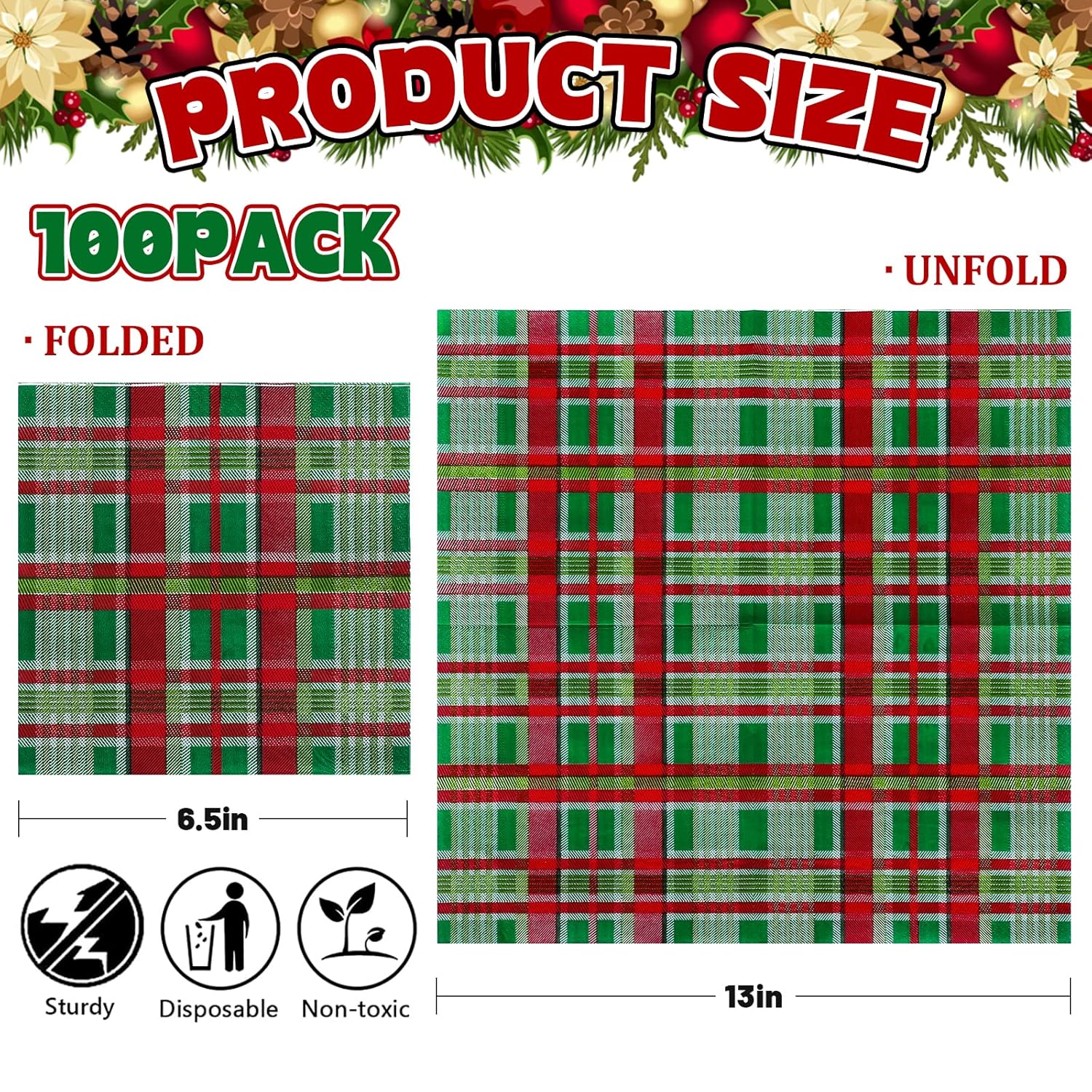 100 Pack Christmas Paper Napkins Buffalo Plaid Pattern Disposable Napkins Christmas Red Green Checkered Decorative Napkins For Christmas Holiday Dinner Party Supplies, 6.5 X 6.5 Inch