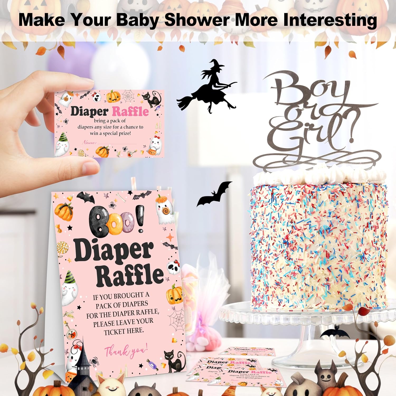 Halloween Baby Shower Games - 50 Diaper Raffle Tickets + 1 Self-Standing Sign - Diaper Raffle Party Game Sets For Baby Announcement Gender Reveal Decorations - B07