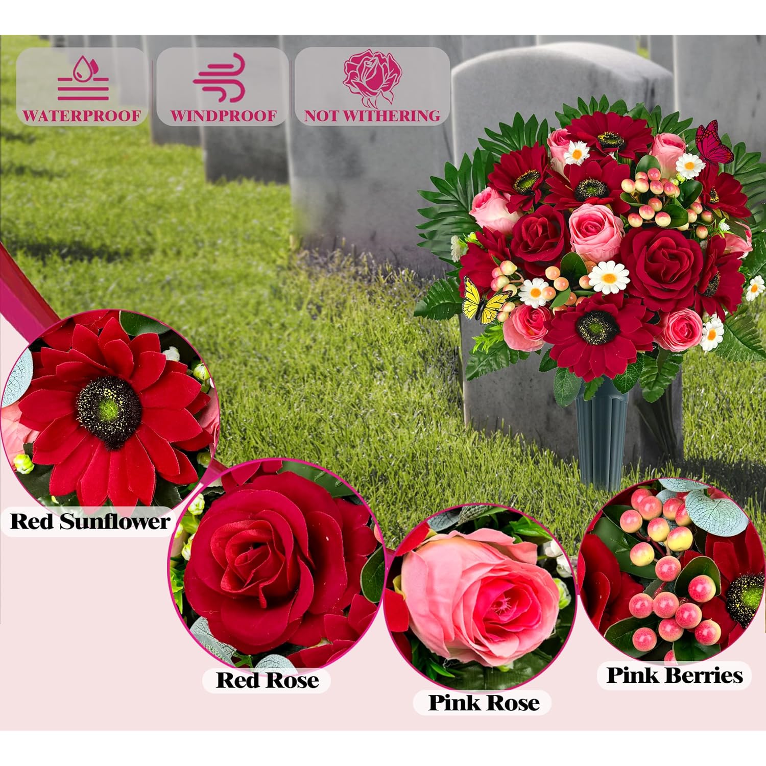 Artificial Cemetery Flowers - Memorial Flowers - Outdoor Grave Flower Decorations,Sympathy Flower With Vase - Red Rose Gerbera Daisy Berry