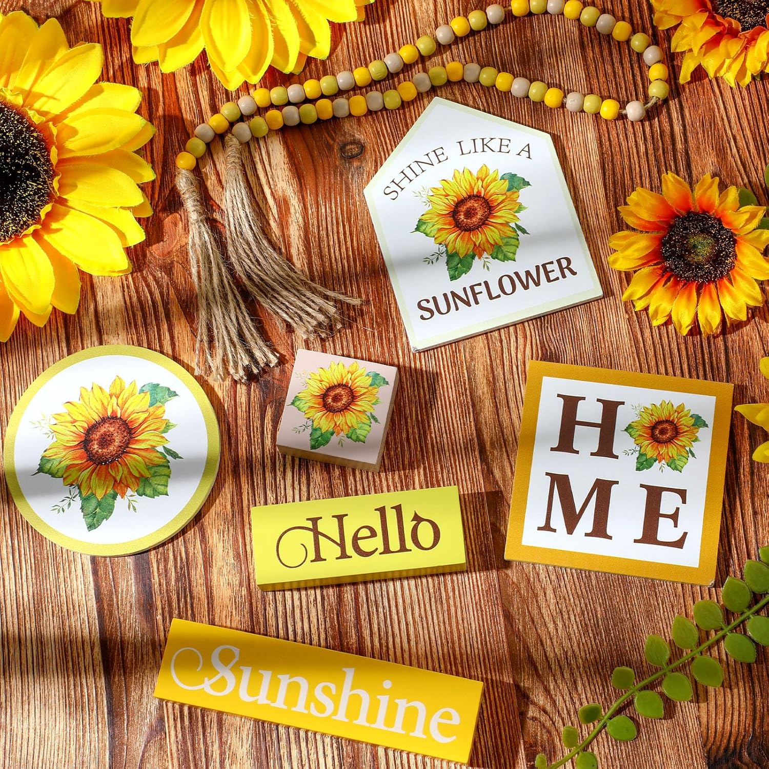7 Pcs Sunflower Wooden Table Decorations, Farmhouse Tiered Tray Decor Rustic, Wood Block Signs Table Centerpieces Bead Garland For Kitchen Tabletop Housewarming